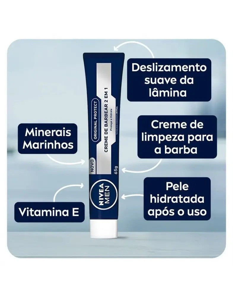 Creme de Barbear Original Protect 2 Em 1 Nivea Men 65g - Shopmano