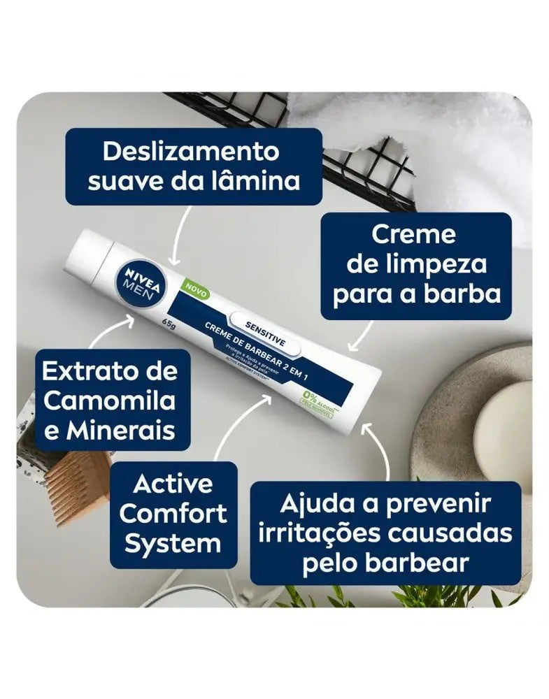 Creme de Barbear Sensitive 2 em 1 Nivea Men 65g - Shopmano